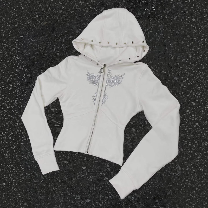 Autumn and Winter European and American Ins-Style American Aesthetic Retro High Street Streetwear Rhinestone Crop Chic Niche Slim-Fit Sweatshirt Autumn and Winter European and American Ins-Style American Aesthetic Retro High Street Streetwear Rhinestone Crop Chic Niche Slim-Fit Sweatshirt