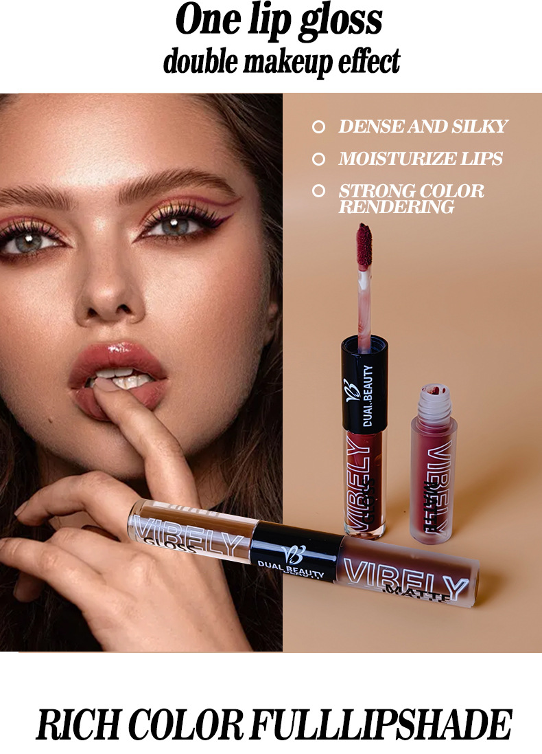 VIBELY, a double-headed water gloss mirror lip gloss, matte non-stick cup, matte lip gloss, whitening, film-forming and lip setting Application Scenario