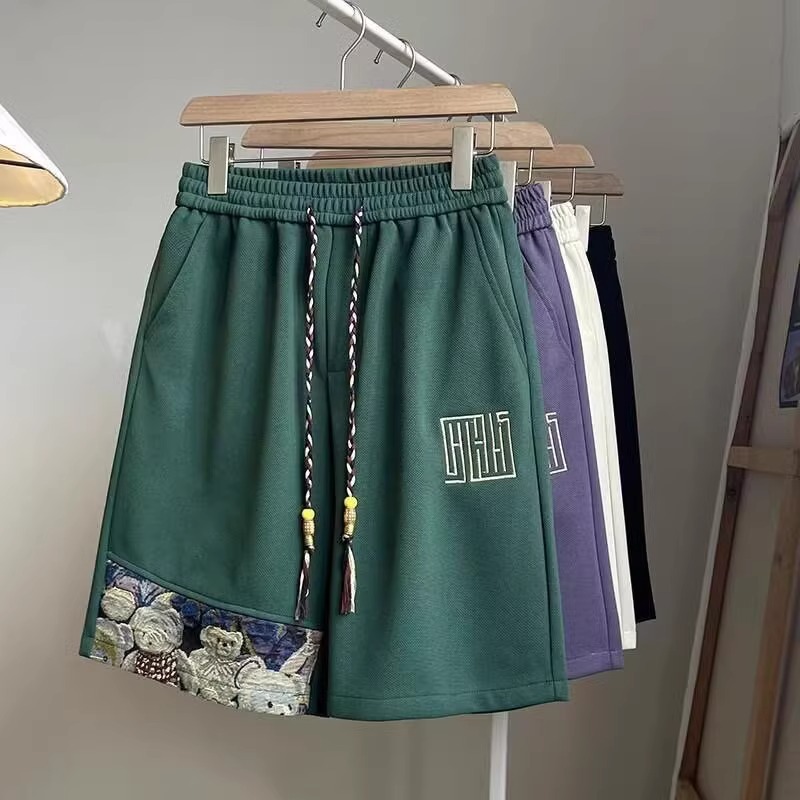 Men's Summer Waffle Shorts Bear Design Trendy Sporty Casual Loose Fitting Five Point mid Waist Drawstring Slacks_voghion.com