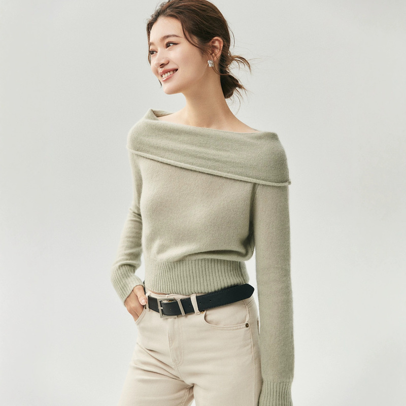 75% cashmere, 25% mulberry silk, one-shoulder knit top, women's elegant and stylish short sweater with a fitted waist and slimming effect