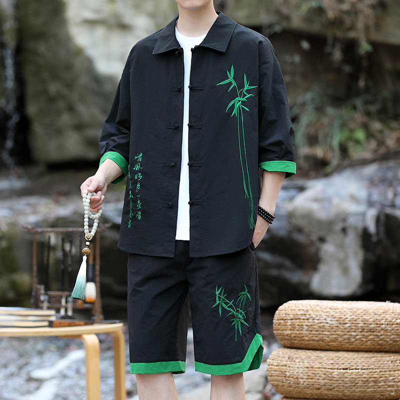 夏季男式休闲中国风唐装套装中青年时尚休闲国风套装短袖男装套装