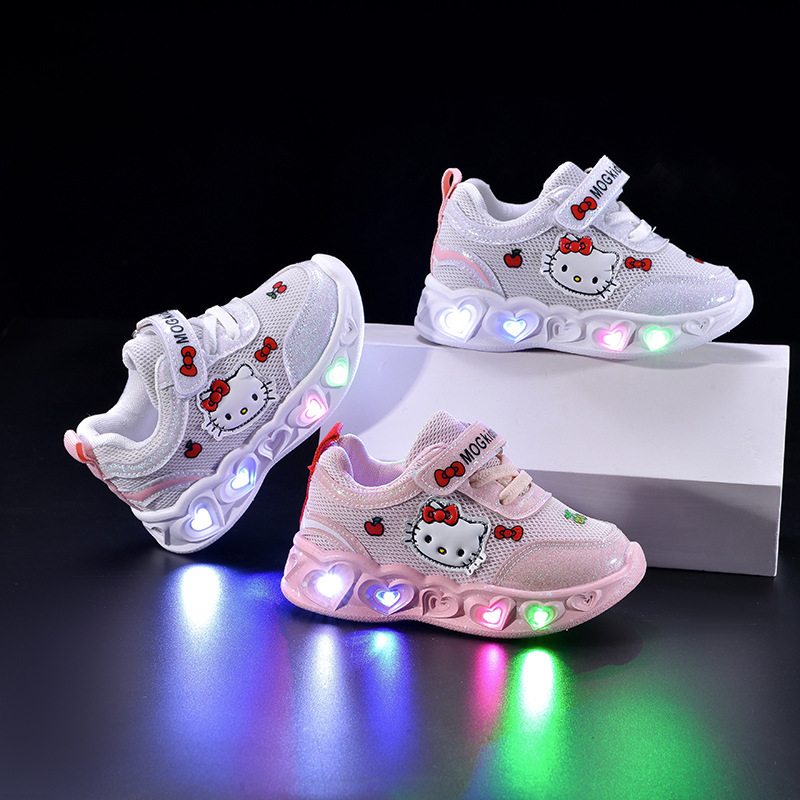 2025 Spring and Autumn New Cartoon Cat Led Light-Up Sports Shoes Children's Mesh Breathable Children's Luminous Shoes Trendy