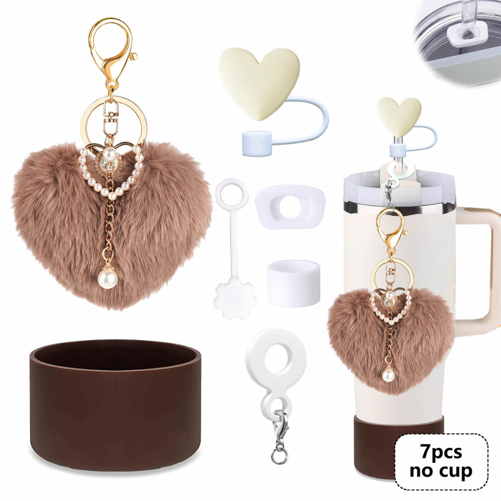 7pcs taza Stanley cuerda de mano colgante de silicona flor tapa de pajita bola de felpa colgante de copa cadena de taza de color