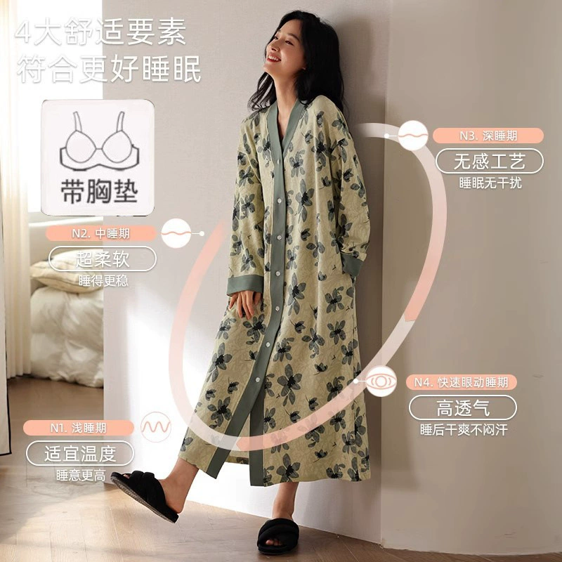 Ночь с нагрудным ковриком Женская весна и осень 100% хлопок с длинными рукавами новый кардиган платье средней и длинной одежды