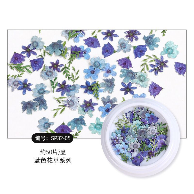 Decoraciones de uñas estilo celebridad de internet, láminas ultrafinas de pulpa de madera, pequeñas flores de margarita y hojas, pegatinas mixtas para uñas con decoración de lámina dorada.