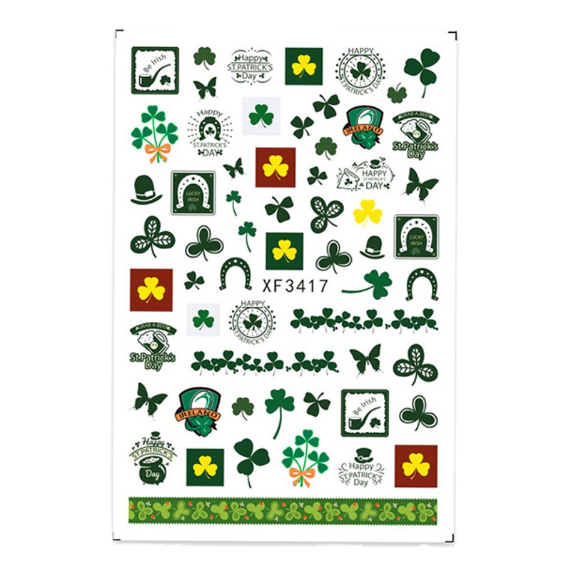 Transfronteriza nuevo trébol de la suerte trébol de cuatro hojas pegatinas de uñas traje irlandés pegatinas de uñas 10 piezas un conjunto
