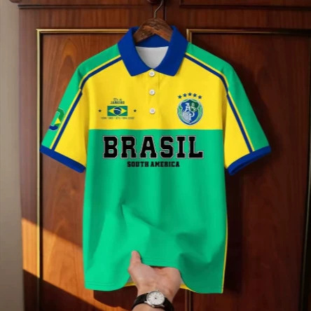 Retro Brazilian Rugby Polo Shirt, Loose Fit Color Block Print T-Shirt, Fashionable Football Jersey Polo Shirt Retro Brazilian Rugby Polo Shirt, Loose Fit Color Block Print T-Shirt, Fashionable Football Jersey Polo Shirt