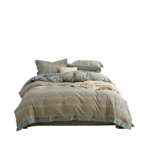 High-end thickened brushed│button-style four-piece set of pure cotton sheets and duvet covers, retro American-style high-end bedding