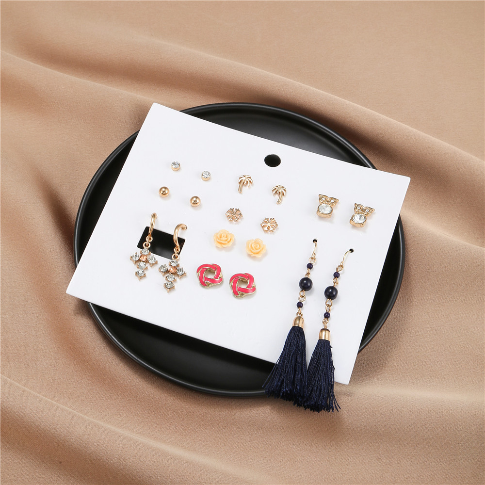 Fashion Diamond Cross Tassel Owl Earrings 9 Pairs Wholesale display picture 2