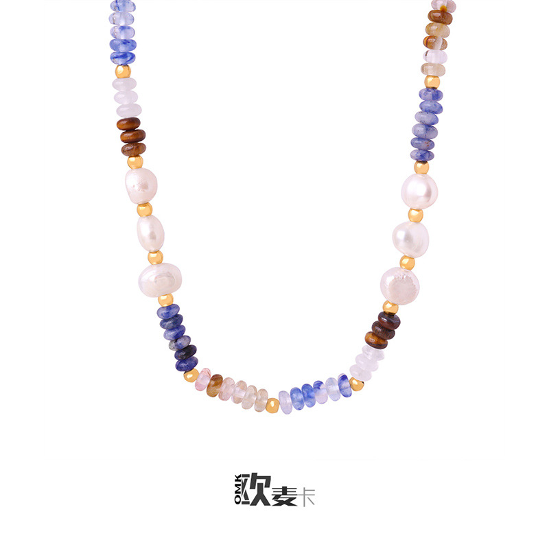 Cuentas de piedra natural perlas agua dulce hecho a mano collar acero titanio versátil personalidad colorido dulce chica temperamento joyería para las mujeres