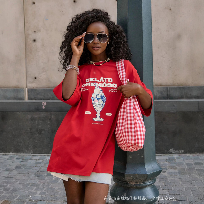 American-Style Casual Cute Ice Cream Print Summer 100% Pure Cotton Short-Sleeve Lazy Style Body-Covering Top T-Shirt American-Style Casual Cute Ice Cream Print Summer 100% Pure Cotton Short-Sleeve Lazy Style Body-Covering Top T-Shirt