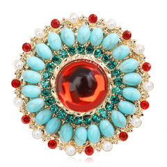 新復古藍色波西米亞風鑲鑽圓形胸針時尚批發花朵胸花合金高檔別針