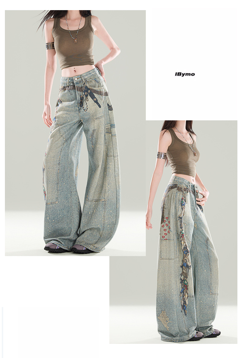Men's Vintage Washed Print Jeans Hip-Hop Straight-Leg Loose Fit Denim Blue Breathable Polyester Blend S-3XL_mkmklike.com