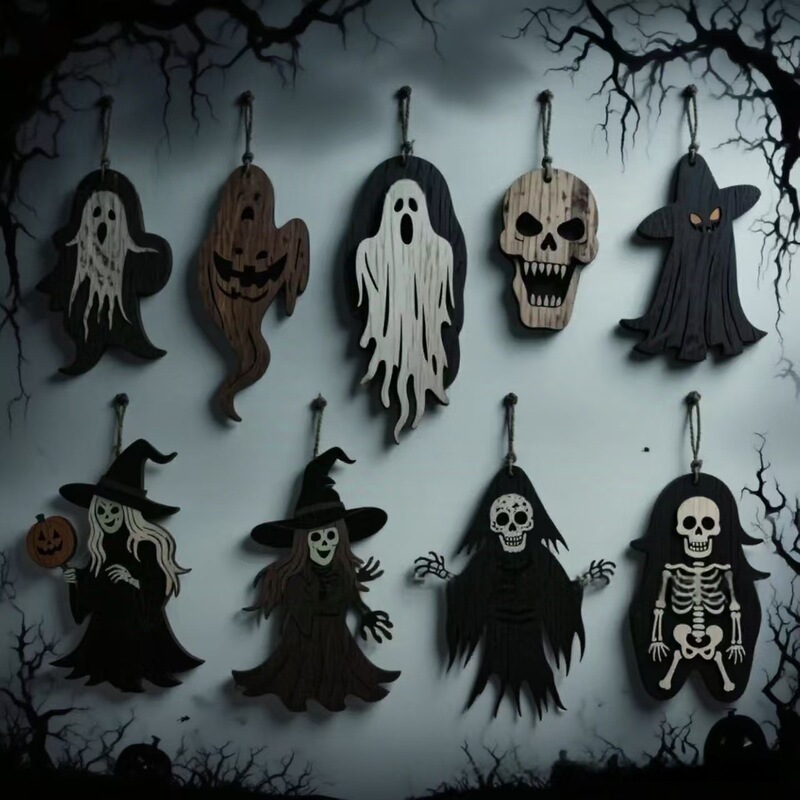 Halloween Ghost Ornaments万圣节木质幽灵蝙蝠蜘蛛节日装饰挂件|undefined