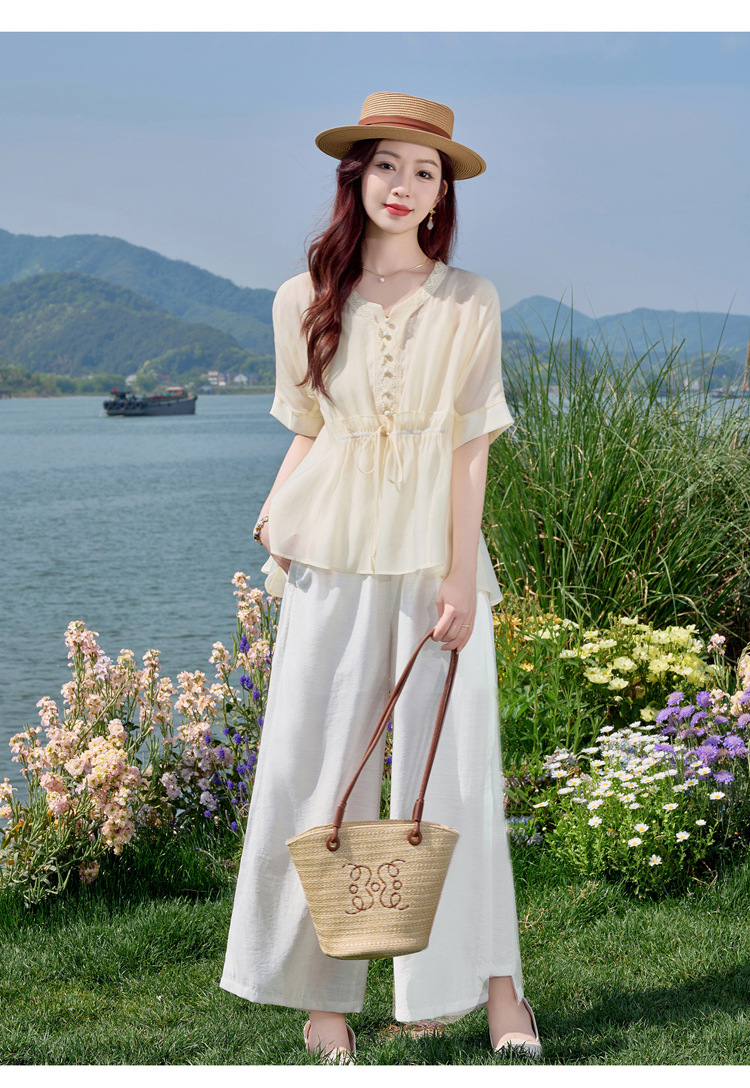 Bộ đồ mùa hè nữ Tencel cao cấp áo hai dây quần ống rộng ba món SY2697 — Bộ màu như hình chi tiết 11
