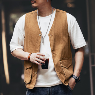 Gelan Deer American Style Retro Heavy Denim Vest Men's Autumn Fashion Brand Loose Outdoor Sleeveless Waistcoat Jacket