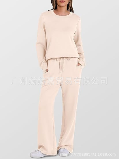 クロスボーダーヨーロッパとアメリカの秋と冬の無地ラウンドネックプルオーバーパンツ婦人服ファッションカジュアル長袖スウェットシャツスーツ新製品|undefined