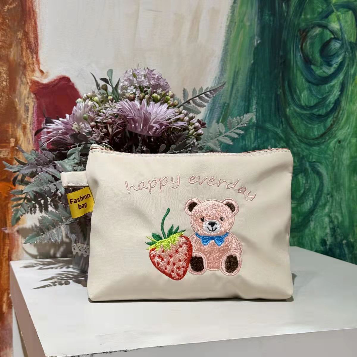 Bolsa de tela bordada de ilustración linda japonesa almacenamiento bolsa de cosméticos de nailon portátil bolsa de embrague de cepillo de maquillaje de gran capacidad
