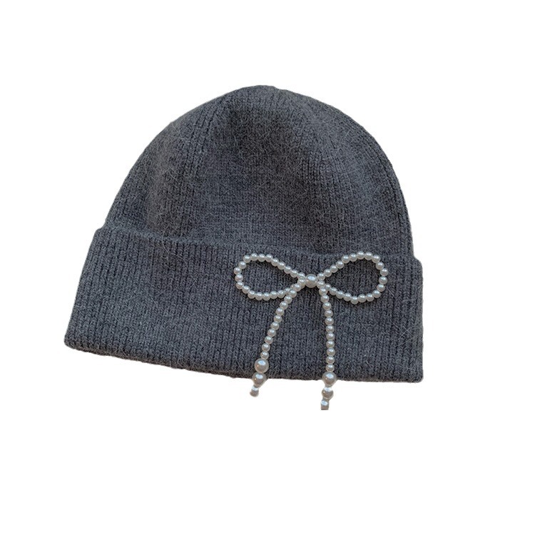 Pălărie de lână tricotată cu perle, cu fundă dulce, pentru toamnă și iarnă, de pluș, cu protecție pentru urechi, arată fața, mică, la modă, Baotou_voghion.com