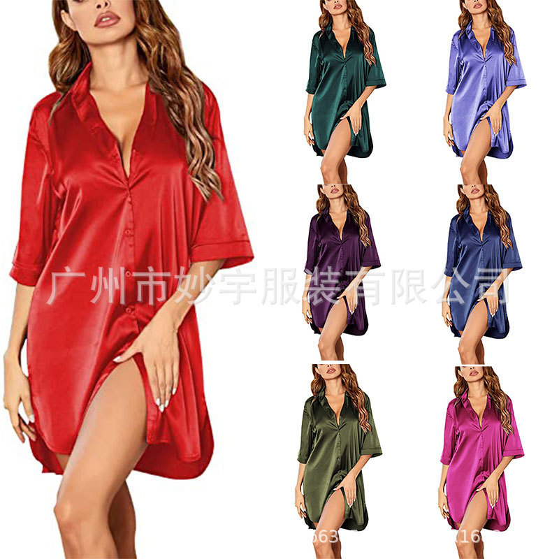 505 Amazon Women's Three-Quarter Sleeve Solid Color Silky Sexy Shirt Plaid Home and Outdoor Women's Long Pajamas