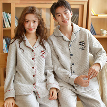 秋冬季三层夹棉情侣秋冬空气棉睡衣加厚简约长袖长裤家居服套装