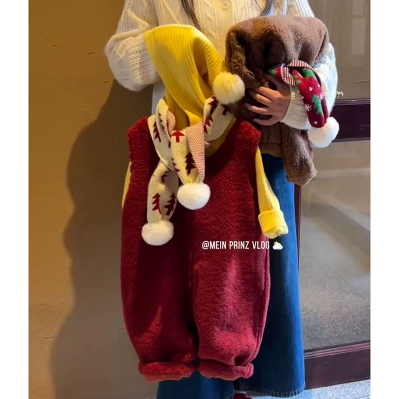 Boys' Autumn and Winter New Year Thickened Warm Suit 2026 New Toddler Overalls High-End Elf Hat Sweater