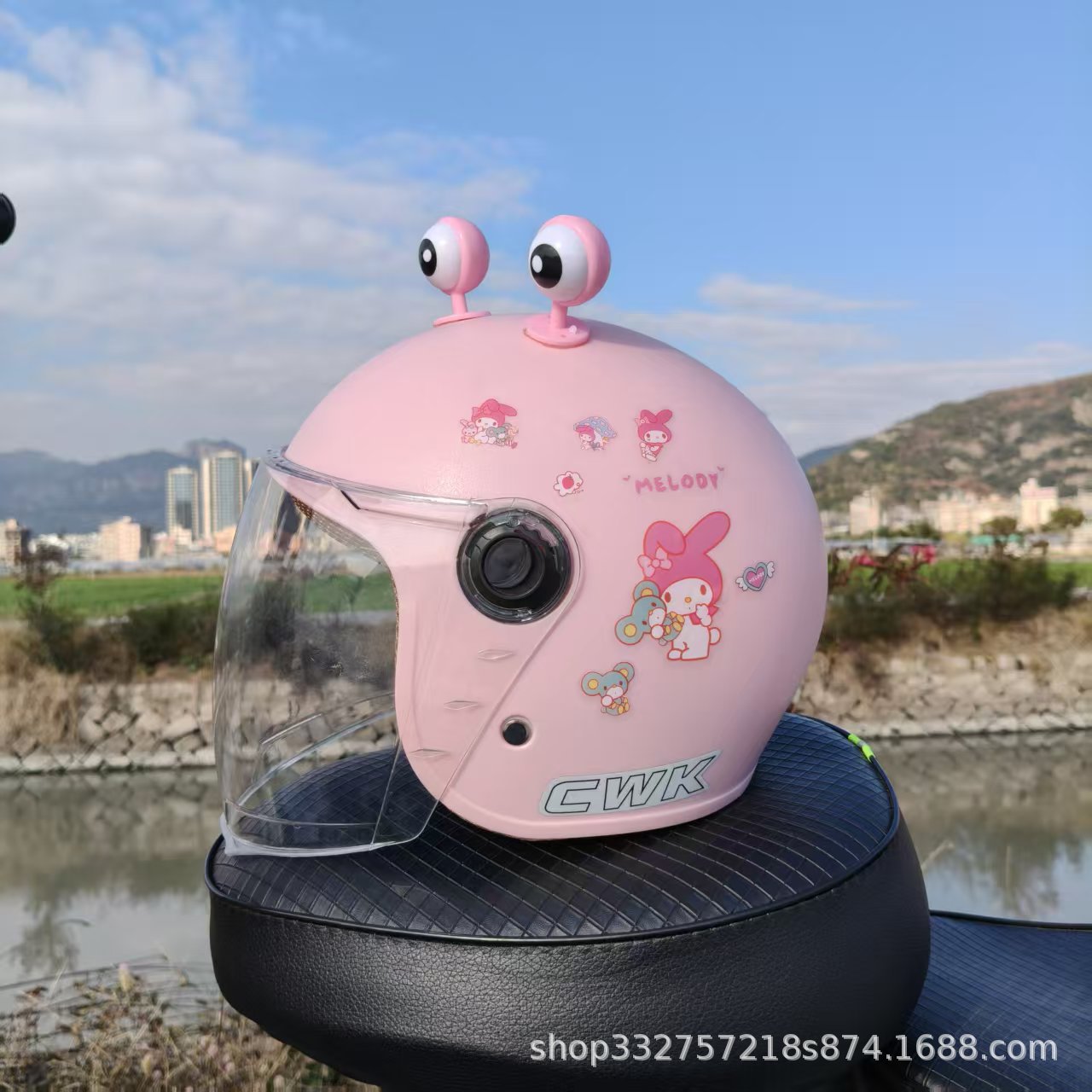Motorcycle Helmet, Motuoche Motosiklet kaskı (dəbilqə) - peach-pink-melody-hd-long-visor-pink-eyes-1-5-years-old-toddler-winter-helmet