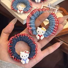 甜美可爱kitty猫牛仔肠圈女孩软萌简约KT小猫发圈扎发高马尾头绳