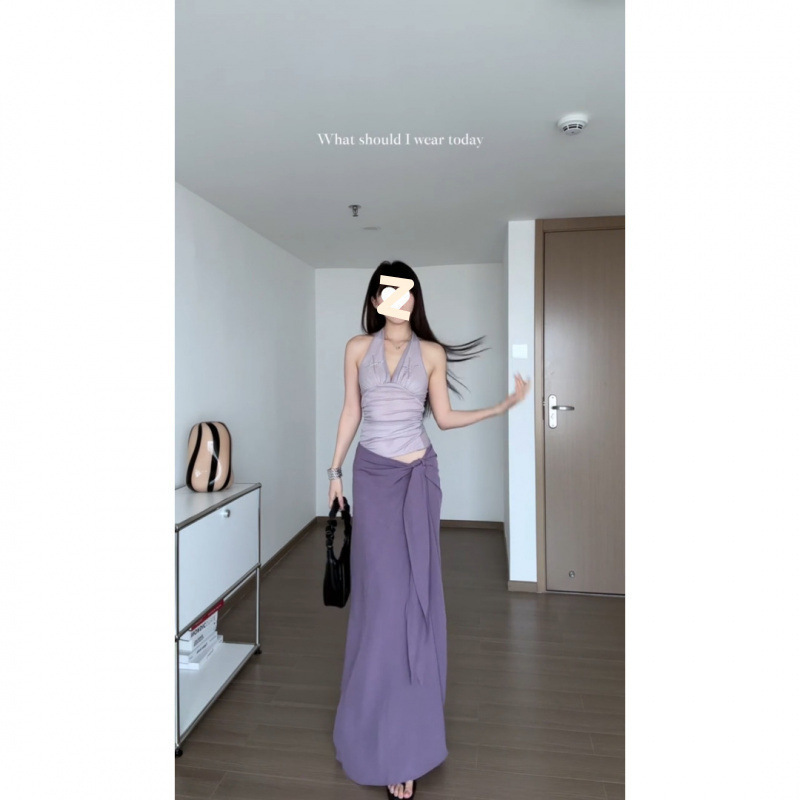 纯欲套装紫色挂脖露背吊带上衣女夏季新款辣妹绑带半身裙两件套|undefined