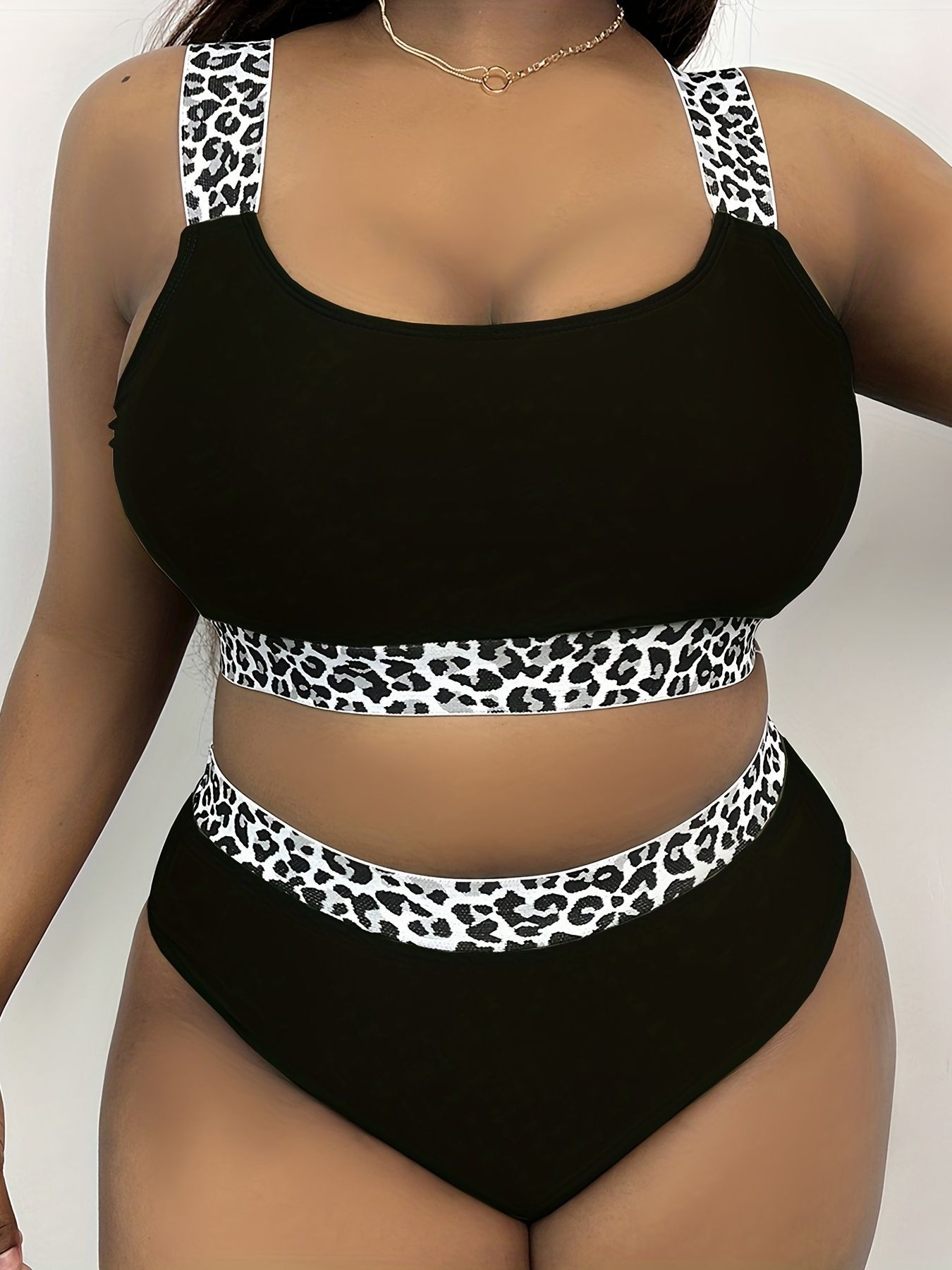 New European American Style Plus-Size Tank Top Bikini With Solid Color And Leopard Print, High-Waisted, Popular On_ecoleips.com