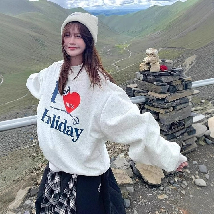 美式复古爱心印花圆领卫衣女秋冬季宽松慵懒风设计感小众遮肉上衣|undefined
