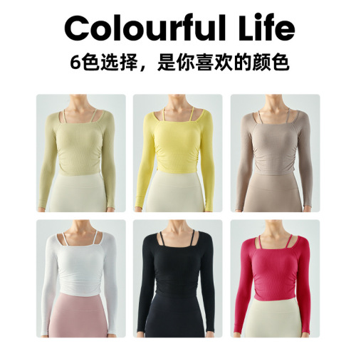 Pure Desire Wind Yoga Long Sleeve Women's Autumn/Winter Semi-Fixed Cup Fine Shoulder Strap Sports T-Shirt Side Waist Toning Fitness Top
