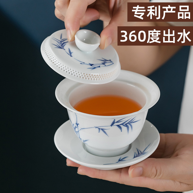 New white porcelain cover bowl tea three-piece bowl 360 degrees Water anti-scald household cover Cup Dehua ceramic hand-painted tea maker