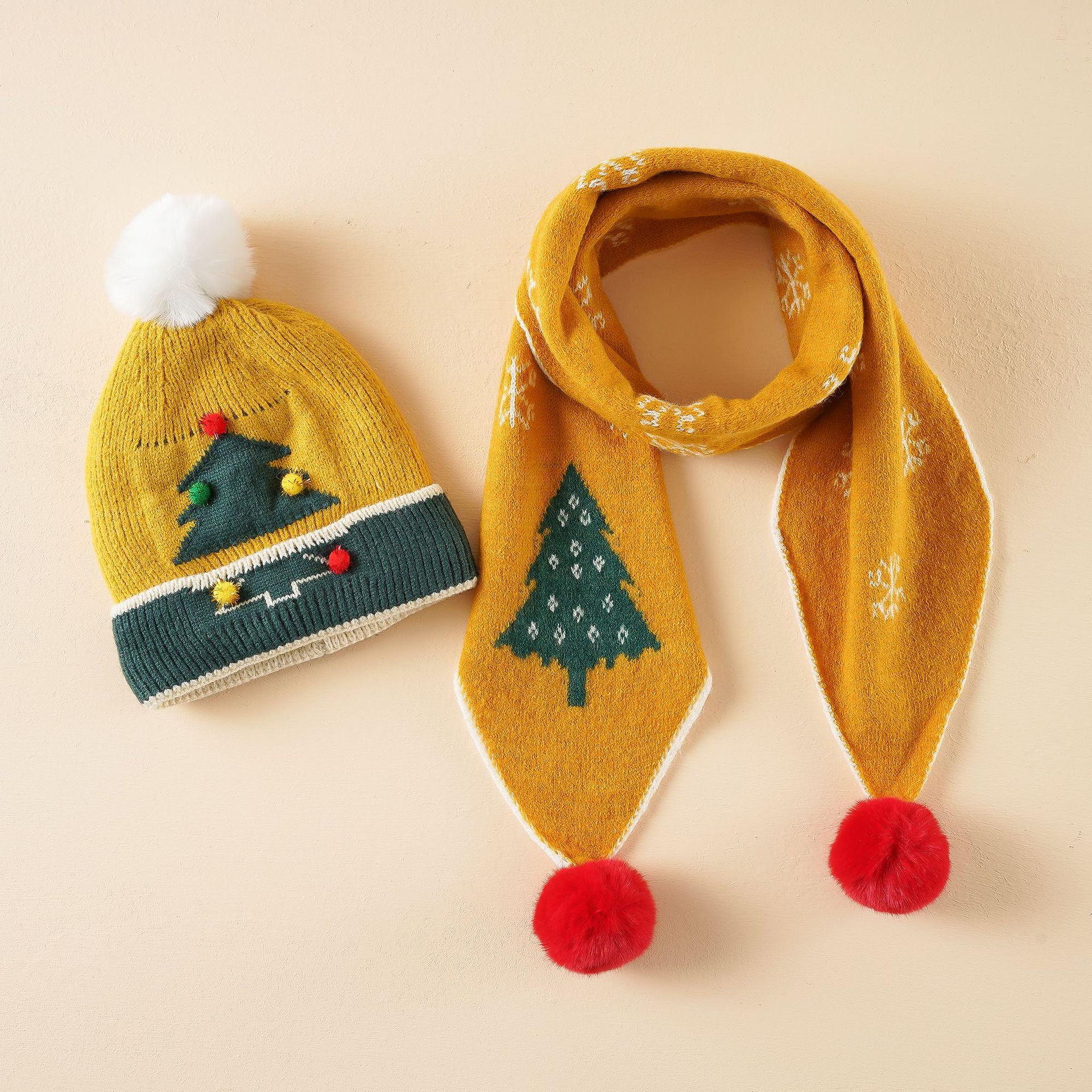 Dos piezas rojo Navidad niños lindo invierno dibujos animados Dibujos Animados árbol de Navidad Bola de piel sombrero bufanda image 7