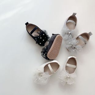 Ins New Girls Shoes Mesh Bow Pearl Princess Shoes Sweet Baby Girl Non-slip Toddler Shoes Soft Sole