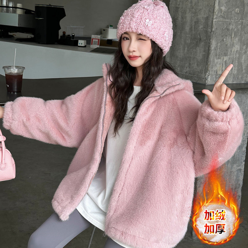 소녀의 모조 모피 코트 가을과 겨울 스타일 큰 소년의 패셔너블 후드 기모 지퍼 카디건 소녀의 한국 스타일 모직 스웨터