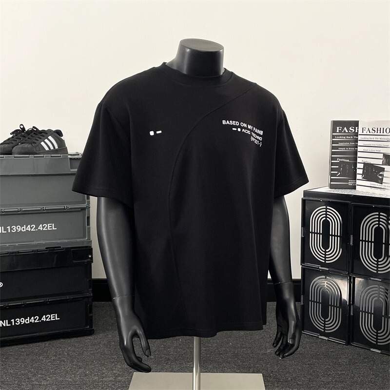 Jinpu Garment Factory Wholesale Heavy Deconstructed Boxy Loose Fit Letter Patchwork Short-Sleeve T-Shirt Couple Style