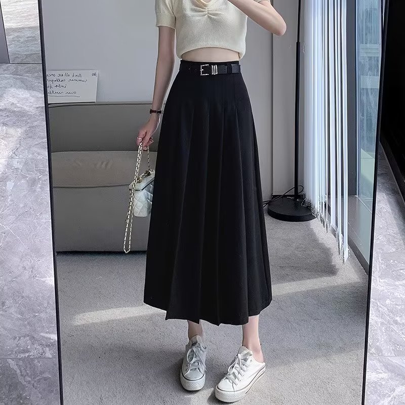 Gray suit skirt for women 2023 new autumn mid-length pleated skirt high waist slimming draping A- line dress