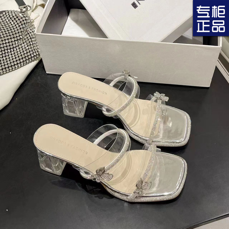 Women's French High Heels 2024 Women's Summer Explosions Wide-foot Crystal High Heels Thick Heel Two-wear Super Fairy All-match Sandals