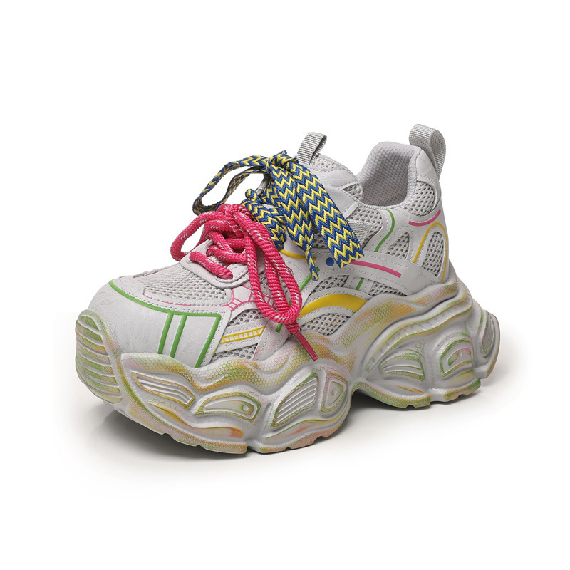 Giày thể thao nữ đế dày lưới thoáng khí phong cách dad sneaker — Trắng vàng