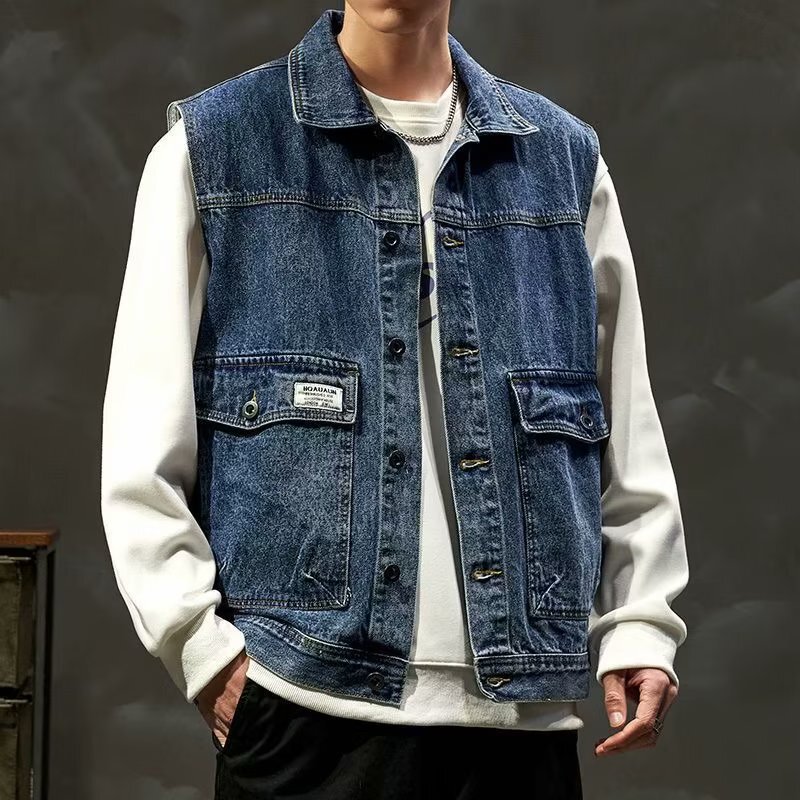 American Retro Distressed Denim Vest Men's Summer Loose Trendy Sleeveless Waistcoat Work Vest Jacket