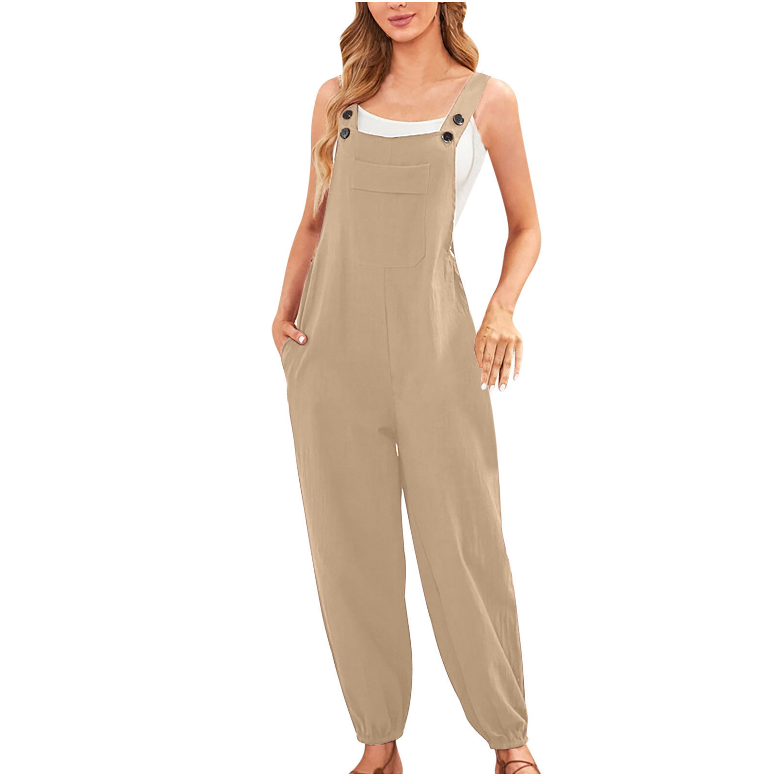 Nueva ropa de mujer transfronteriza europea y americana de algodón y lino mono bolsillo pantalones de la Liga Amazon casual pantalones lápiz