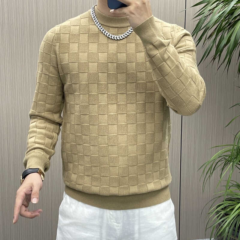 Autumn and winter high-end chessboard plaid long sleeve sweater men's loose light luxury simple sweater base shirt a generation of hair Autumn and winter high-end chessboard plaid long sleeve sweater men's loose light luxury simple sweater base shirt a generation of hair