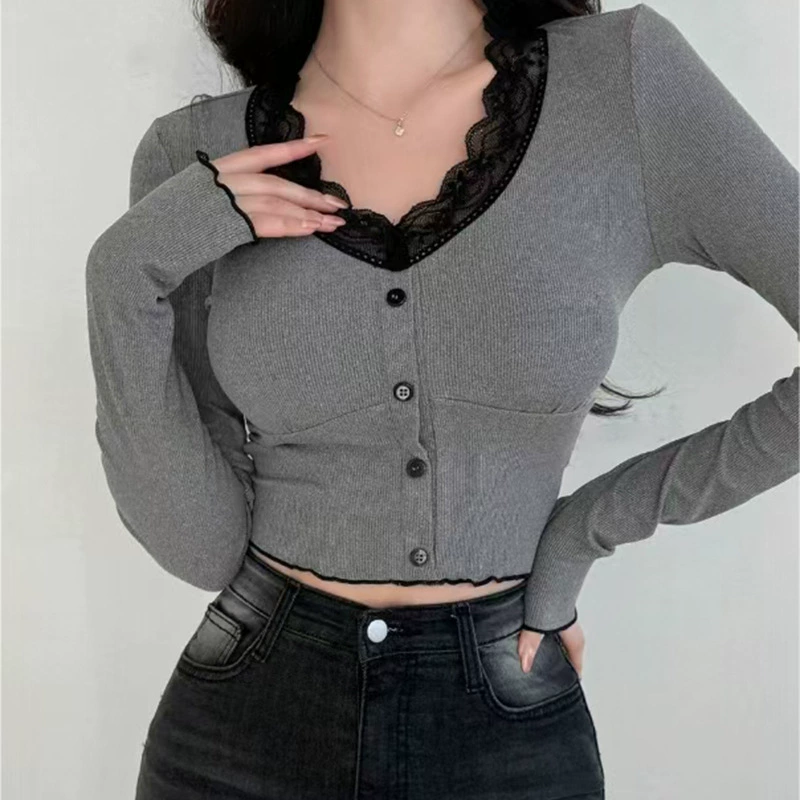 W194TP American Spice Girl 2024 осень новый сплошной цвет круглый вырез кружева сшивание дизайн с длинными рукавами тонкая девушка на