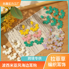 跨境新款度假风黄色花朵耳环波西米亚风海边耳钩拉菲草编织耳饰女