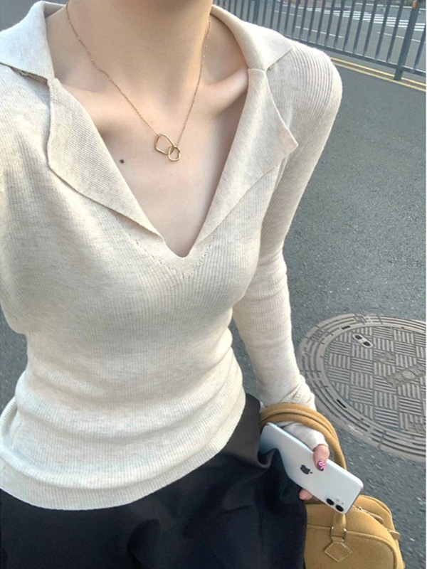 v领翻领内搭打底衫女秋冬季薄款羊毛毛衣长袖针织衫修身紧身上衣|undefined