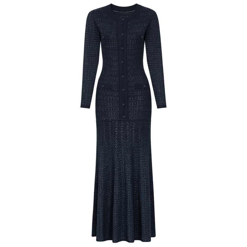 26280 In-stock high-quality autumn and winter new style elegant slim-fit long-sleeve dress with rhinestones and shimmering threads for women