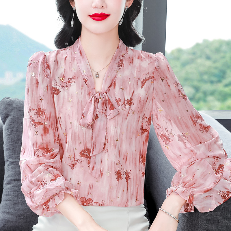 Fashion Western Style High-end Chic Long Sleeve Shirt 2025 Spring New Elegant All-match Belly Covering Chiffon Top