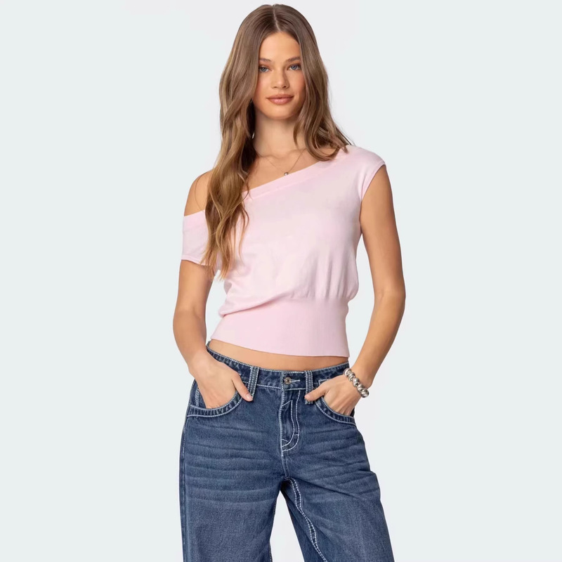 Hot Girl Off-Shoulder Asymmetrical Short-Sleeve Sweater for Women 2025 New Slim-Fit Short Top Foreign Trade