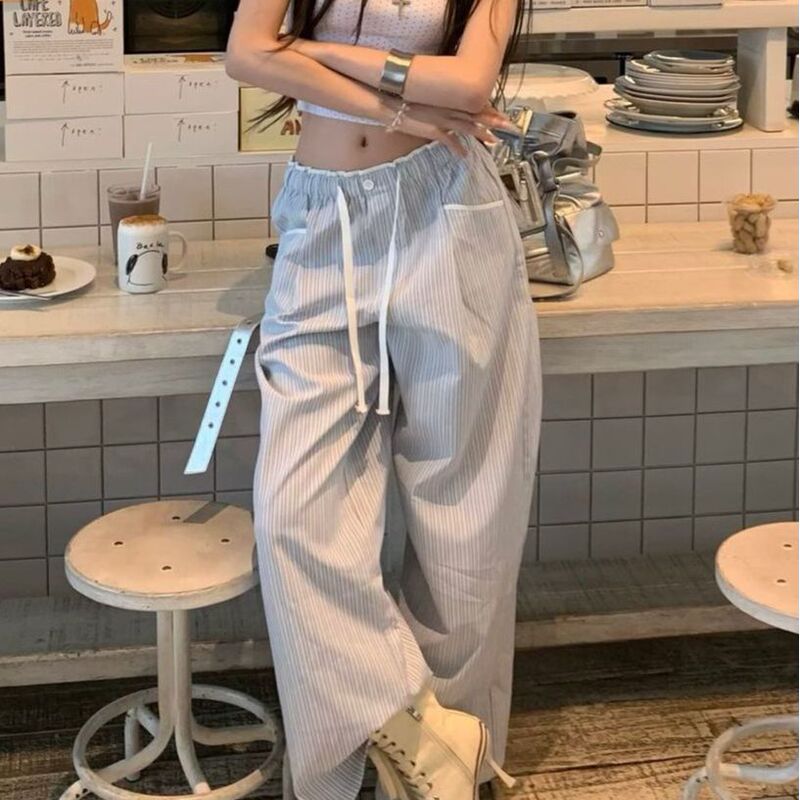 【Island Diary】Korean-style blue and white striped straight casual pants with drawstring elastic waist, casual and simple wide-leg pants